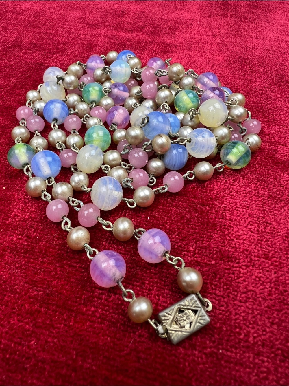 Vintage Glass & Faux Pearl Japan Rosary-Style Necklace, Opera Length 54", Pastel